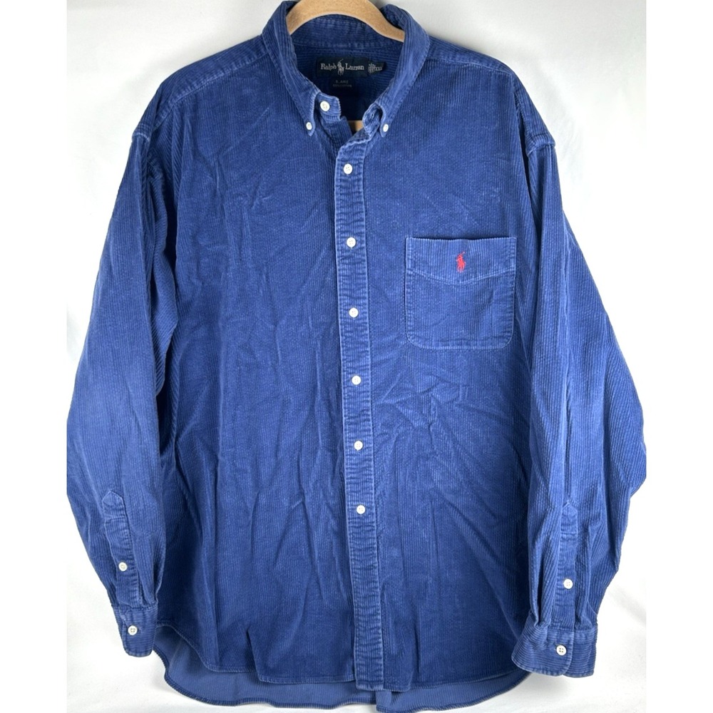 Vtg 90s Ralph Lauren Blue Corduroy Blaire Button Down Shirt Mens XXL Red Pony